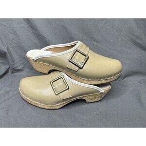 VTG Scandiclog Sweden Leather Wooden Clogs Chunky Hippie Boho Vacation Buckle 37